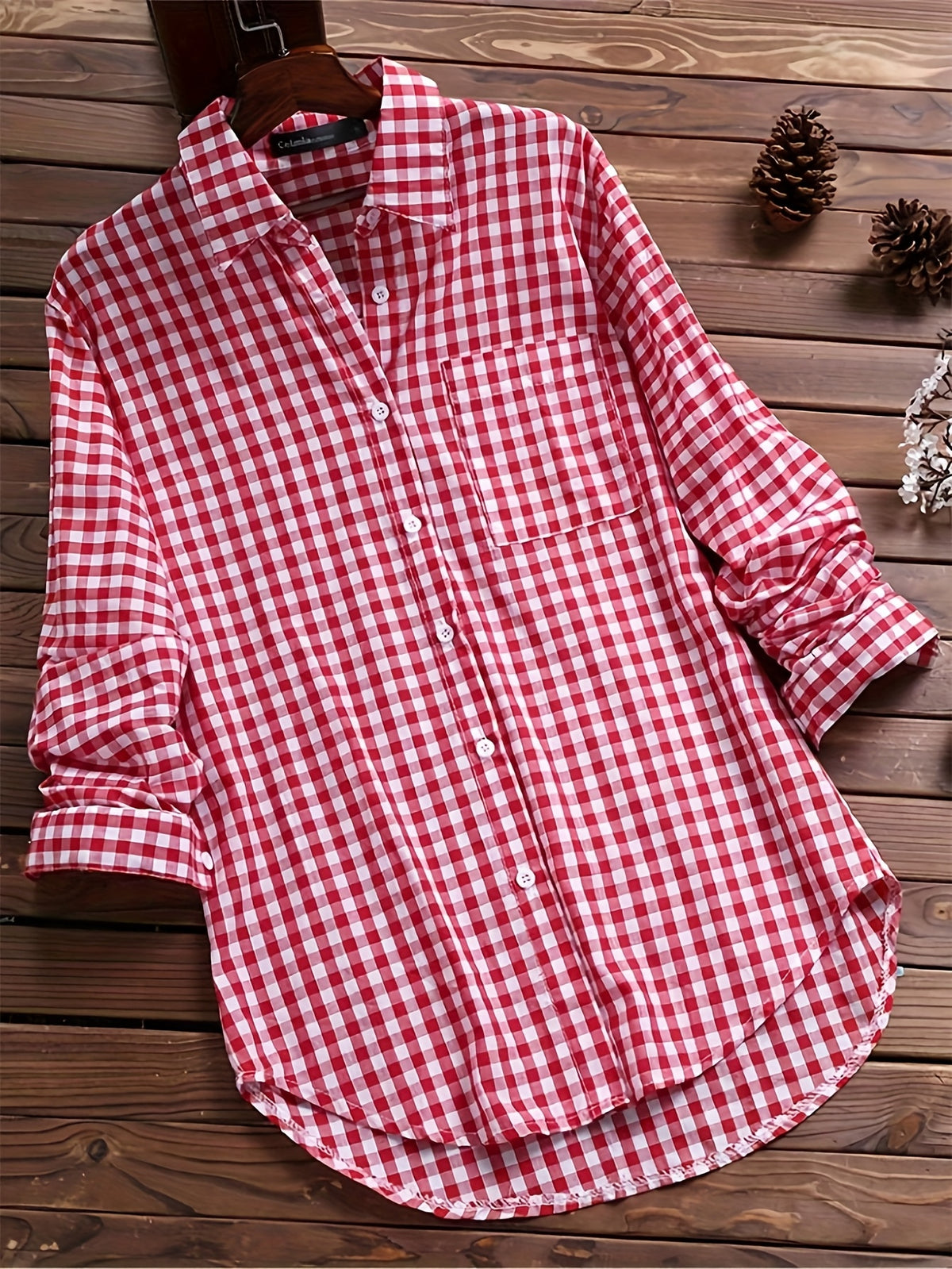 Women'S Autumn Casual Vintage Commute Long Sleeve Checkered Striped Shirt - Red