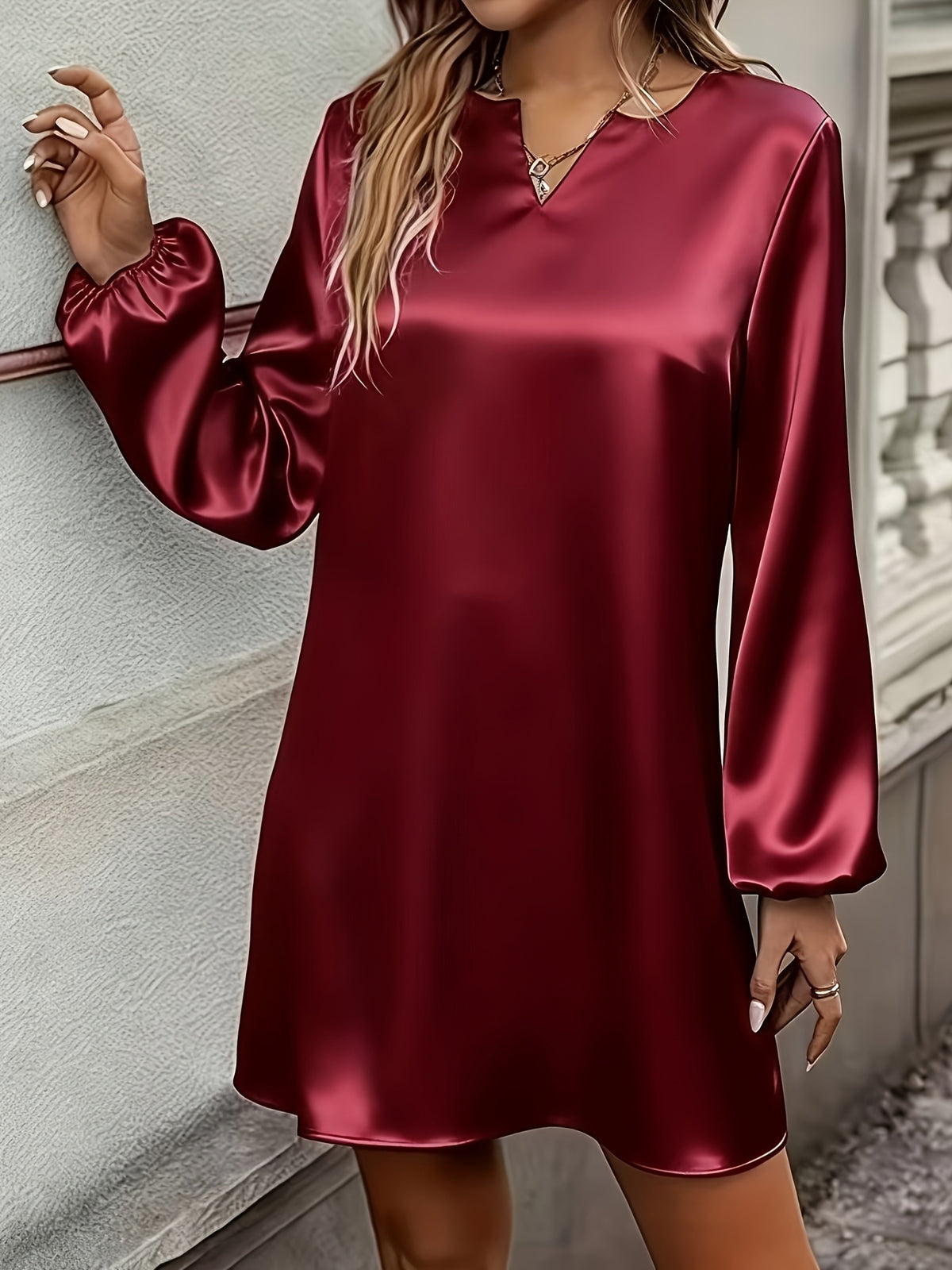 New Section Versatile Easy High-End Elegant V-Neck Solid Color Dress - Burgundy