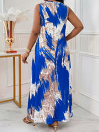 Plus Size Women'S Round Neck Sleeveless Dress, Abstract Brush Stroke Striped Contrast Print Design with Pockets, Casual Vacation Style Outfit, Artistic Vintage Long Dress, Summer New Plus Size Women'S Clothing - Vibrant Blue