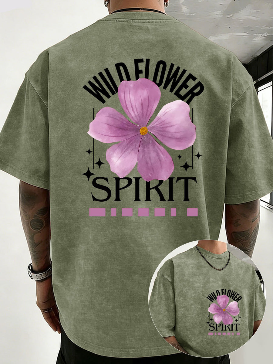 Mid-Summer Vacation Style Unisex T-Shirt, Pure Washed Distressed, Double-Sided Print, Breathable And Sweat-Absorbent, Loose Fit Outdoor Hiking Sports Trendy Casual Short Sleeve, Sweat-Resistant - Military Green