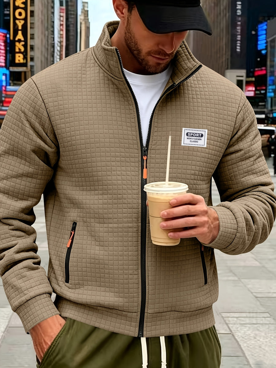Pearson OBM Autumn/Winter Men's Thickened PARIST Jacquard Sport Jacket, Fashionable Plaid Jacquard Textured Fabric, Comfortable Outerwear Suitable for Daily Outings, Outdoor Sports, Travel, and Vacations. Lightweight and Comfortable with a Regular - Khaki 1