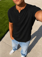 [Josh Mei Obm] 3pcs Men'S Waffle Henley Shirts Lightweight Breathable Button Neck Slim Fit Summer Tops for Beach Vacation Outdoor Casual Wear - Teal + Black + Blue