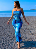 2025 New Style Dress for Women, Featuring a Blue Gradient Floral Print, Sleeveless Design, Long Beach Dress, Perfect for a Sexy Vacation - Blue