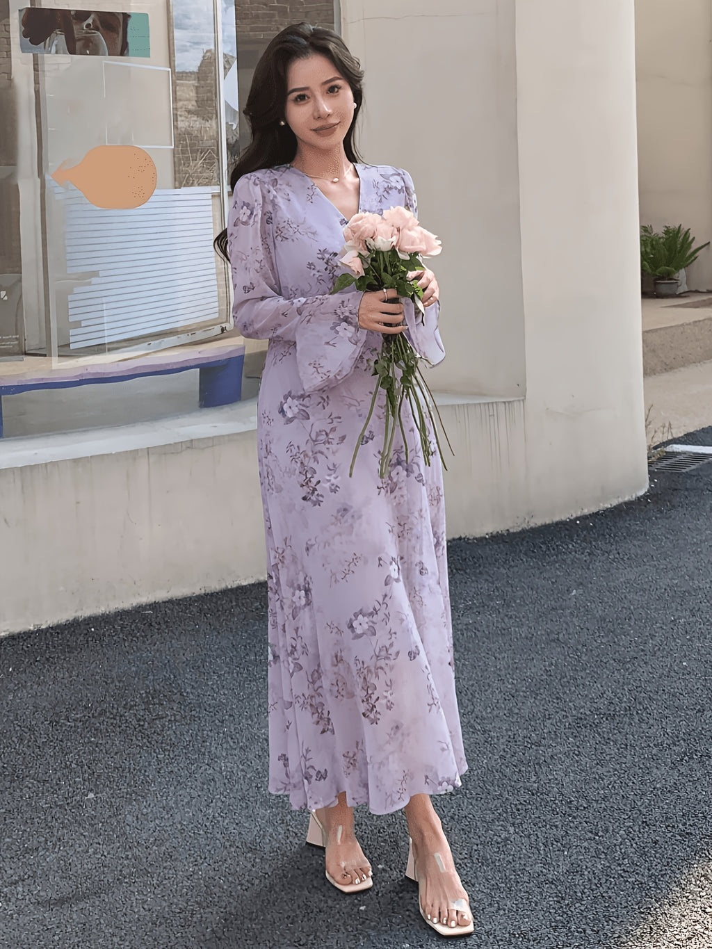 Women's Floral Print Elegant Vacation Style Dress - Purple