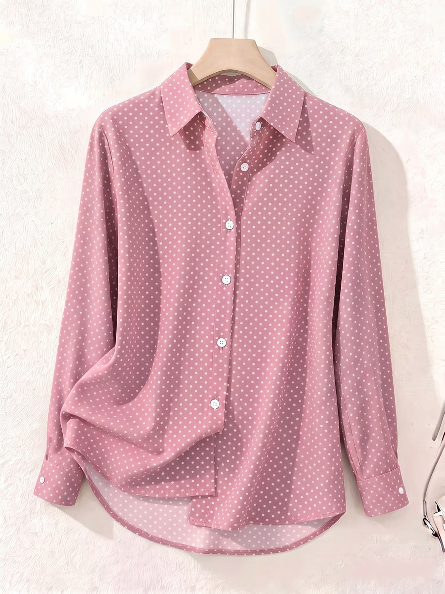Elegant Fashion Single-Button Women'S Spring Autumn Long Sleeve Polka Dot Shirt - pink color
