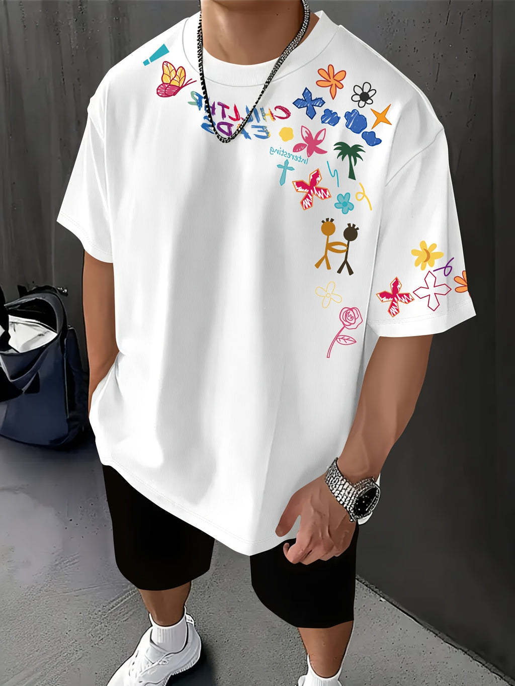 Men'S Multicolor Floral And Butterfly Pattern Print T-Shirt, Street Style, Suitable for Casual Wear, Loose Drop Shoulder Fit, Round Neck Short Sleeve Tee - White