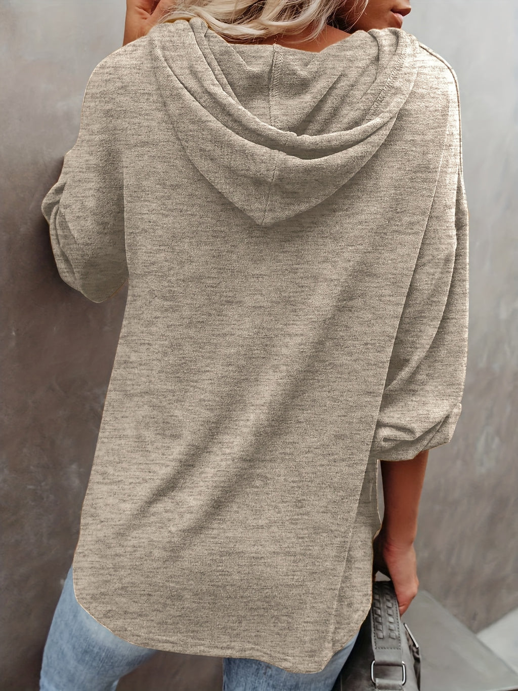 New Autumn/Winter Women's Fashion Hoodie, Casual Loose Pullover with Drawstring, Solid Color Long Sleeve, Relaxed Style Mid-Length Hooded Sweatshirt - Khaki