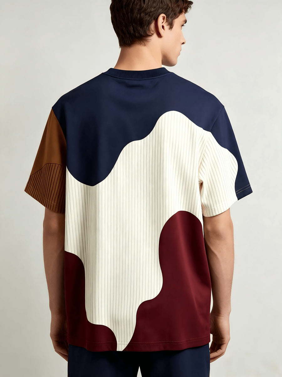 Men'S Casual Round Neck T-Shirt, Geometric Pattern Patchwork Striped Design, Chicago Word Pattern, Drapey Fashion Top, All-Season Wear, Breathable Regular Fit for Casual And Formal Outfits - Round Neck Casual Top - Mixed colors