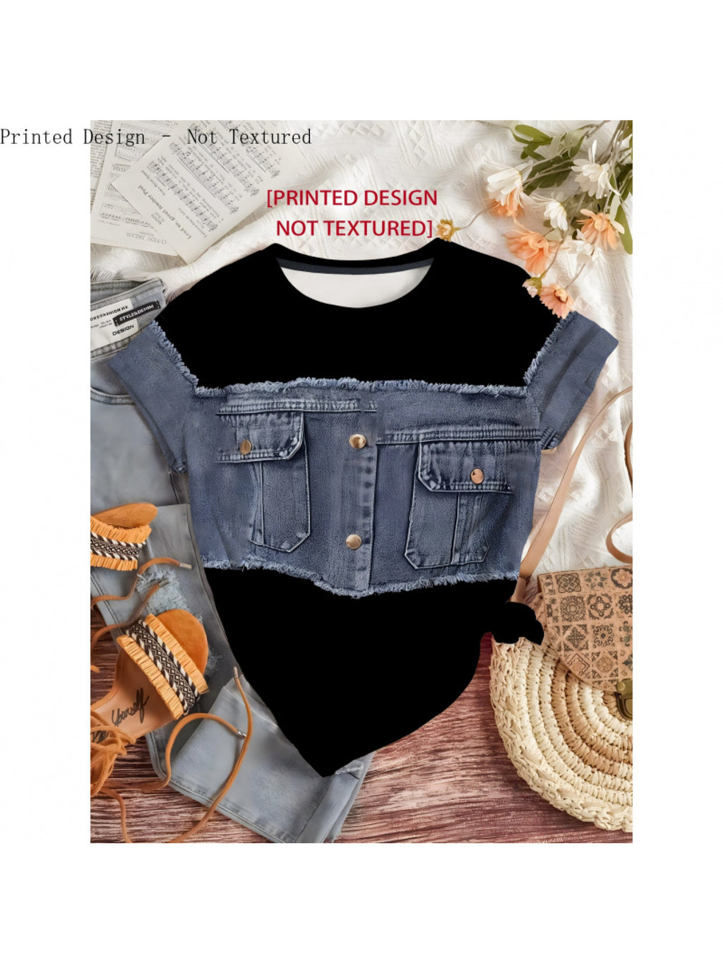 [Printed Pants - Not Denim Fabric]Women'S Faux Two-Piece Pattern Printed T-Shirt. Non-Denim. Round Neck Short Sleeve Casual Top Base Layer, Suitable for Spring/Summer Holiday Gifts And Daily Wear, Machine Washable, Comfortable Soft Breathable - Mixed colors