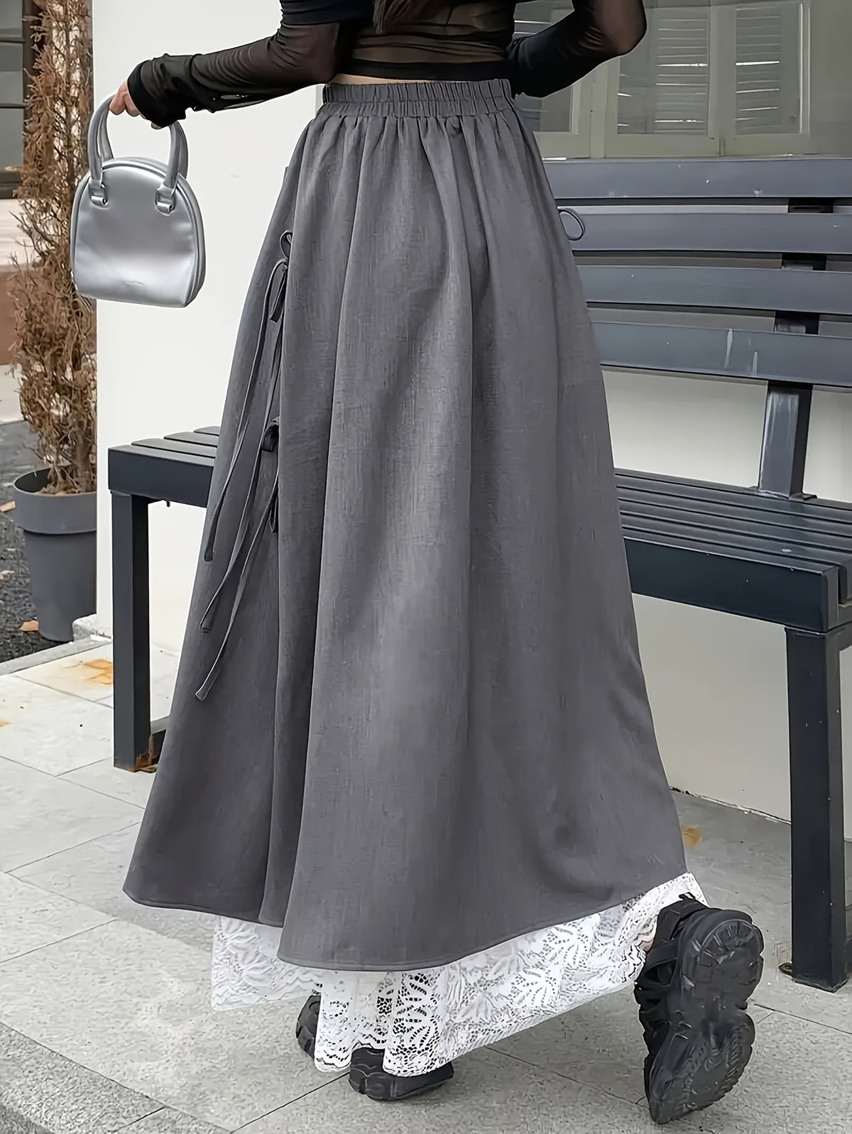 Autumn and Winter Lace Spliced Slit Skirt with Bow, Women's Elastic Waist A-Line Long Skirt - Grey