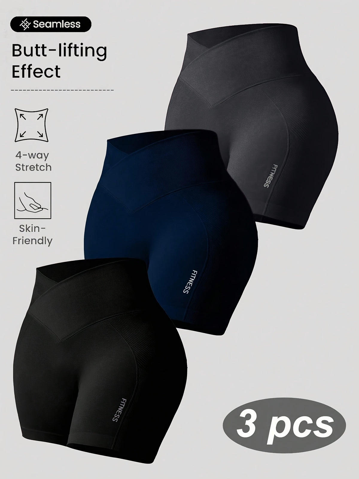 3pcs Set of Women'S New Waist-Cinching Short Shorts, Tummy Control And Butt Lift, Suitable for And - Black+dark gray+navy blue