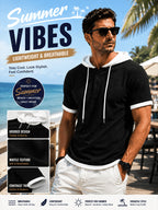[Qiaoximei Obm] Summer Men'S High-Quality Waffle-Gore Hooded Short Sleeve T-Shirt - Individual Fashion Statement with Special Design Texture Fabric, Adjustable Drawstring And Buttons, Suitable for Gym Fitness Wear - Black