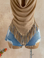Cross-border Fashion Women's Summer Vacation Casual New Texture Sleeveless Top with Patchwork Fringe Trim and Swing Neckline, Bohemian Beach Style - Khaki