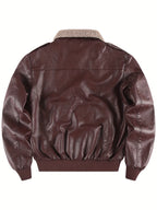 New Autumn and Winter PU Leather Jackets, Men's Motorcycle PU Leather Jackets, Trendy Youth Baseball Jackets, Embroidered PU Leather Jackets, Men's Thickened Winter Flight Jackets, Lapel Motorcycle Jackets, and Tops - Burgundy