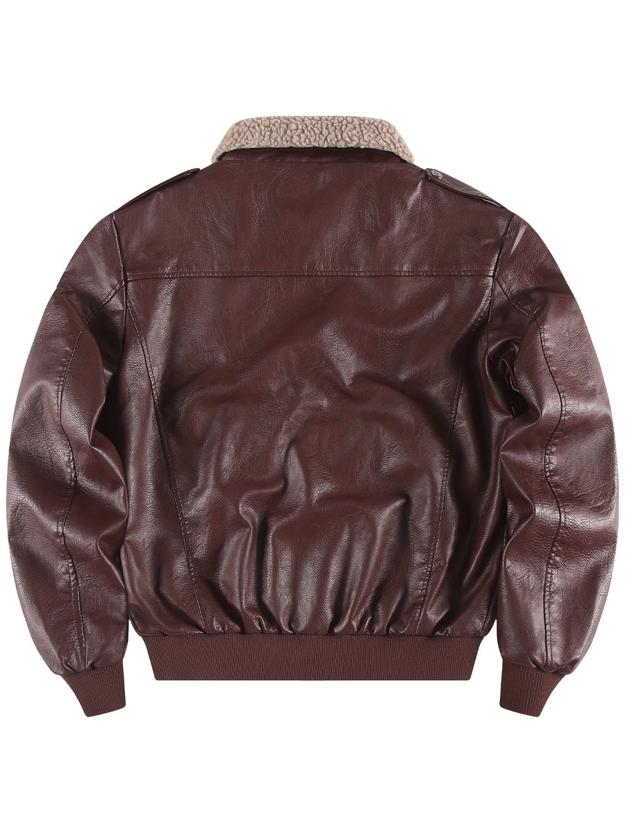 New Autumn and Winter PU Leather Jackets, Men's Motorcycle PU Leather Jackets, Trendy Youth Baseball Jackets, Embroidered PU Leather Jackets, Men's Thickened Winter Flight Jackets, Lapel Motorcycle Jackets, and Tops - Burgundy