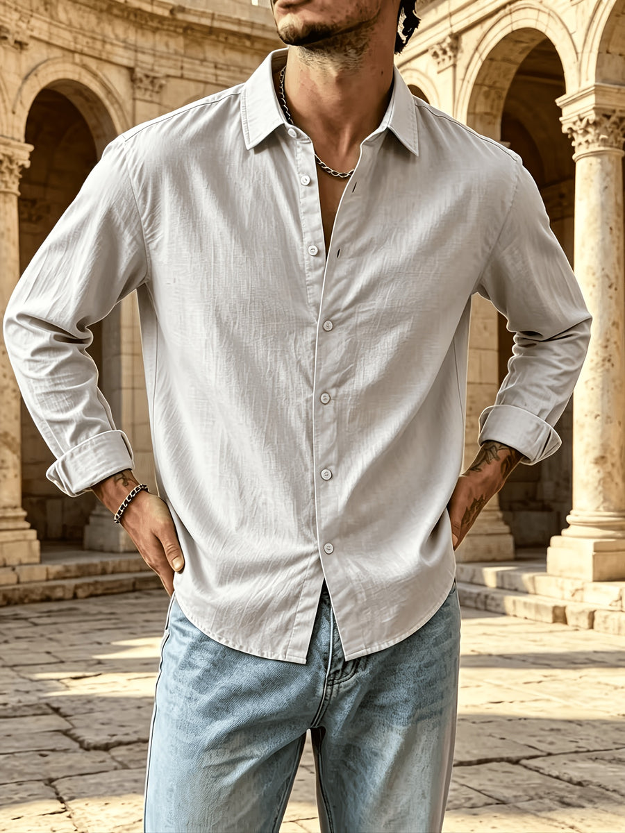 Men's Button Front Long Sleeve Shirts for Summer, Classic Solid Color Lapel Casual Work Shirts, Loose Fit Lightweight Breathable Daily Tops, Vintage Fashion Outdoor Vacation Blouses - Light Grey