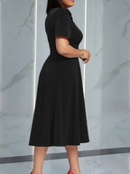 Women'S Elegant V-Neck Ruched Midi Dress, Solid Color Short Sleeve, Waist-Cinching Belt, Flowing Skirt, Perfect Spring Summer Outfit, Adult Fashion, Comfortable Daily Elegant Waist-Cinching Dress, Ruched Detail - Black