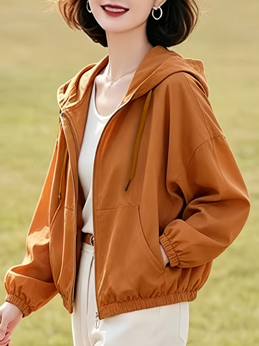 New Short Hooded Spring/Autumn Lightweight Loose-Fit Jacket Top for Petite Women - Tangerine