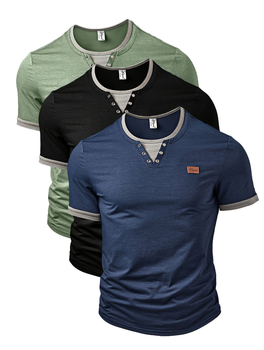 3pcs Set Men'S Fashion Men'S Top Spring Summer Outdoor Casual Color-Block Patchwork Stud Decoration Short-Sleeve Men'S Henley Shirt - Polychrome