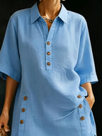 WY260406061) Women's Comfortable Loose-Fit Button-Up Shirt and Shorts Linen 2pcs Set - Sky Blue