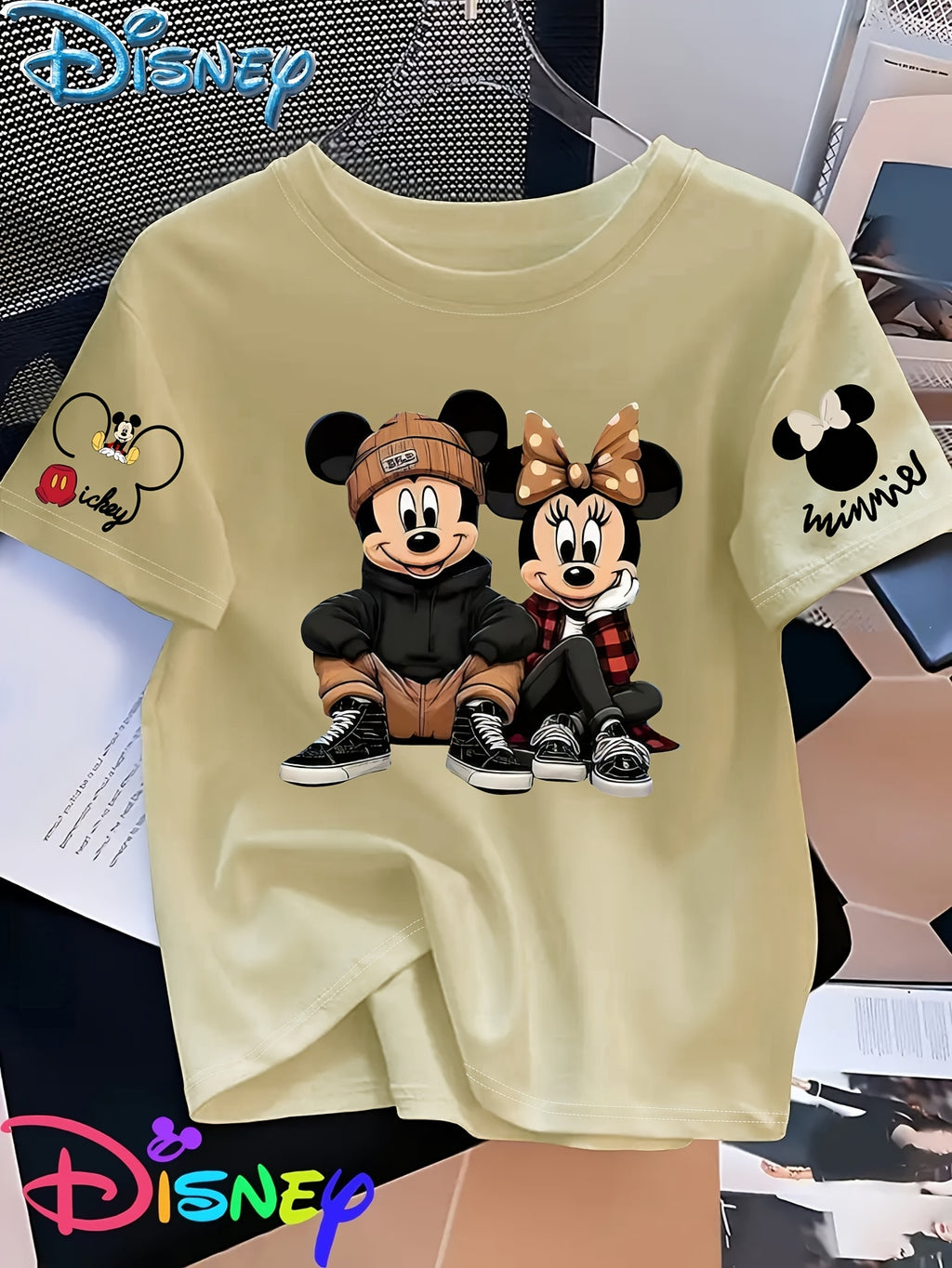 Mickey And Minnie Are Sitting Side by Side, with Mickey Hugging His Knees And Minnie Resting Her Chin on One Hand, Showcasing a Trendy Street Style Printed Short-Sleeve Women'S T-Shirt - Apricot