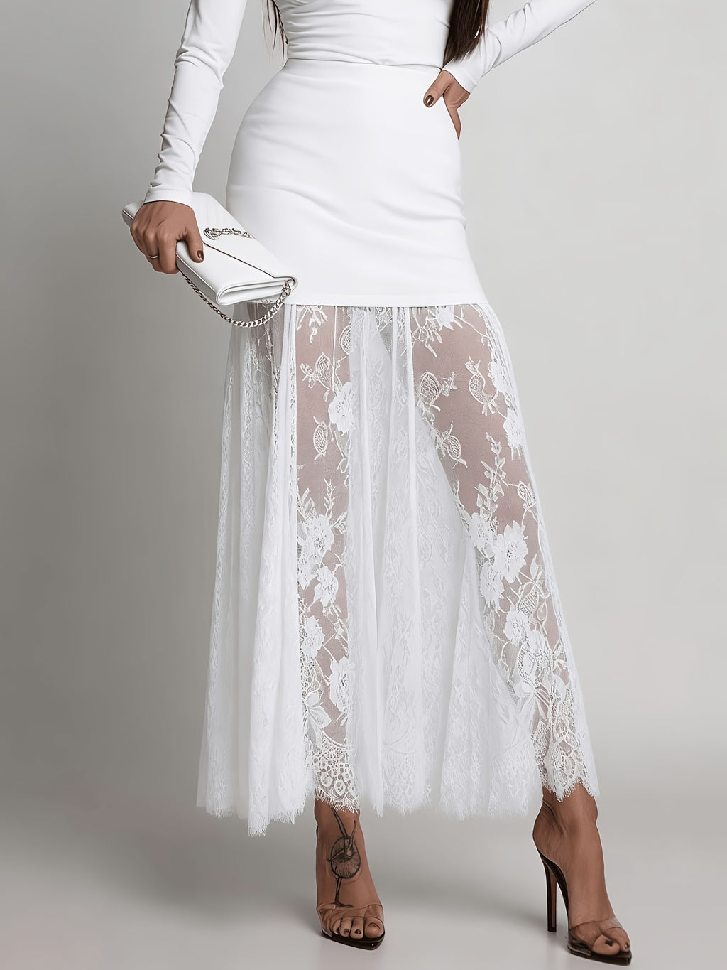 Lace A-line Skirt, Sexy Sheer Lace Maxi Dress, Suitable for Outings and Parties, Wearable in Spring and Summer, Women's Midi Skirt with Elastic Waistband, A-line Flared Skirt, Flared Hem, New Style Lace Slip Dress, Can Be Worn as a Layering Piece - White
