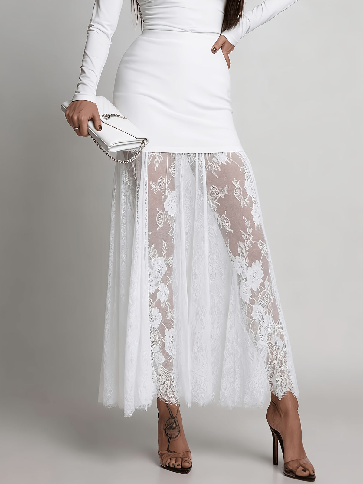 Lace A-line Skirt, Sexy Sheer Lace Maxi Dress, Suitable for Outings and Parties, Wearable in Spring and Summer, Women's Midi Skirt with Elastic Waistband, A-line Flared Skirt, Flared Hem, New Style Lace Slip Dress, Can Be Worn as a Layering Piece - White