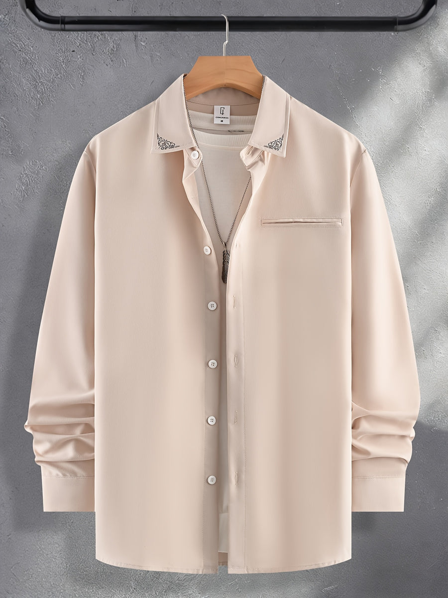 Men's Ethnic Print Button-Up Shirt with Lapel Collar & Faux Suitable for Spring/Autumn, Machine Washable Button- Shirt, Non-Stretch Suitable for Business Casual, -Casual Wear, Office & Everyday Use - Apricot