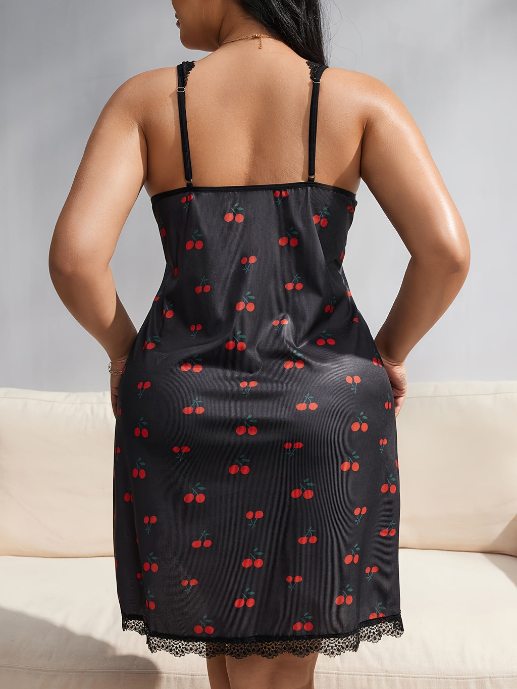 Plus size Women's sexy cherry strap nightie - Black