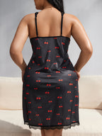 Plus size Women's sexy cherry strap nightie - Black