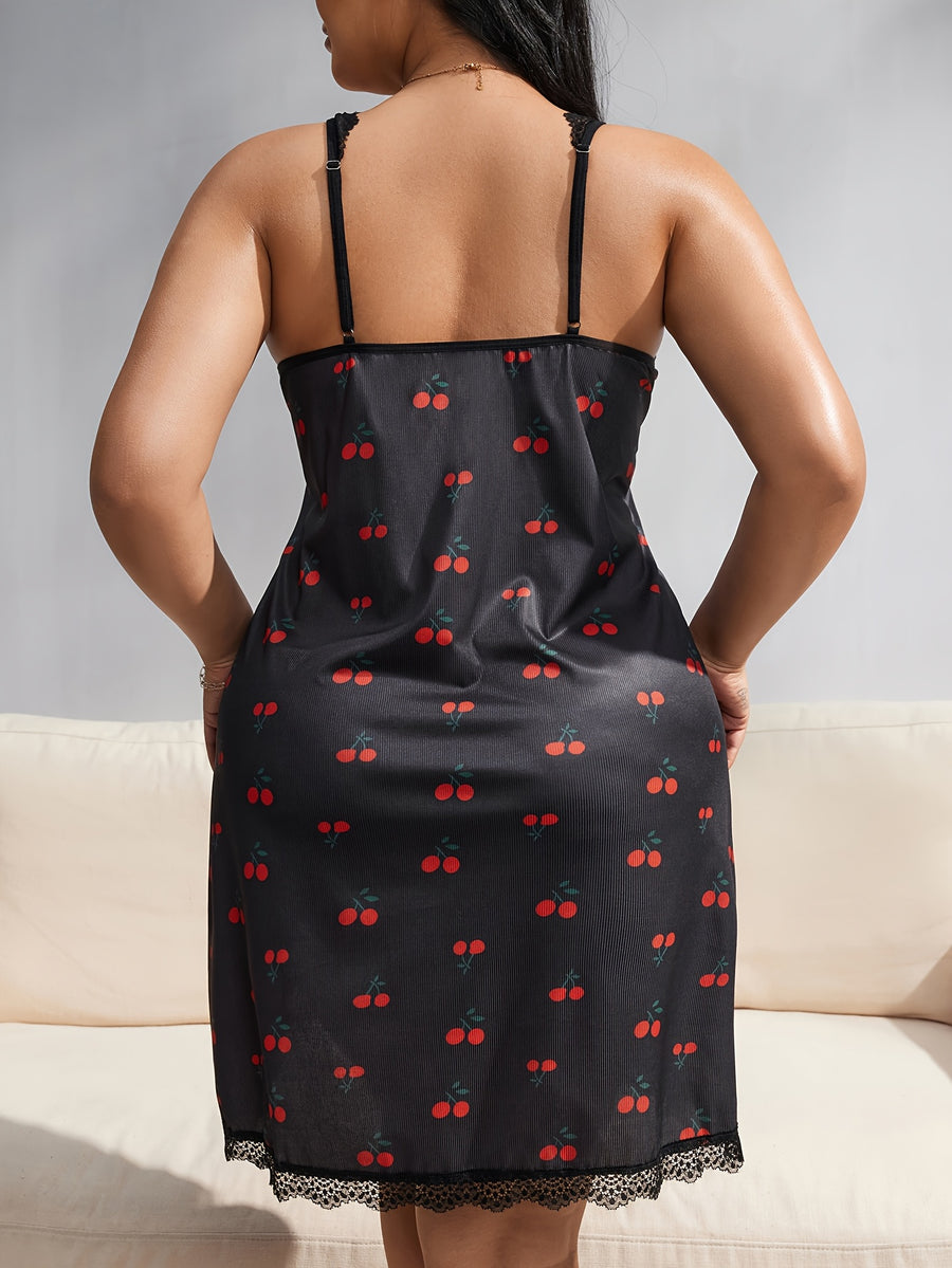 Plus size Women's sexy cherry strap nightie - Black