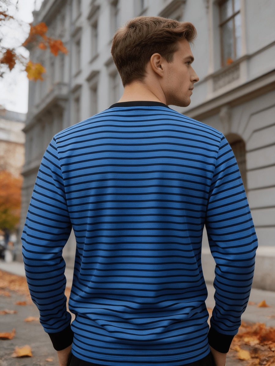 Men'S Round Neck Long Sleeve Henley Shirt, Classic Striped Button-Front Top, Ribbed Cuffs And Hem Breathable Soft Knit Pullover, Men'S Autumn Casual Shirt - Royal Blue