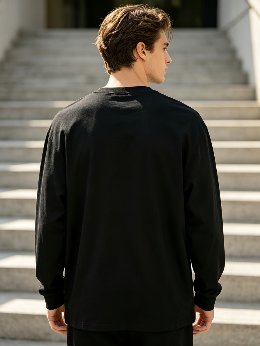 [Villa Joy Water OBM] Men'S Long Sleeve T-Shirt 1pc 100% Pure Round Neck Base Layer Spring Autumn Loose Casual Solid Color Top Skin-Friendly Breathable Sweat-Absorbent Durable Non-Deforming Daily Commute Outdoor All-Match Long Sleeve T-Shirt Can Be - 1pc Black