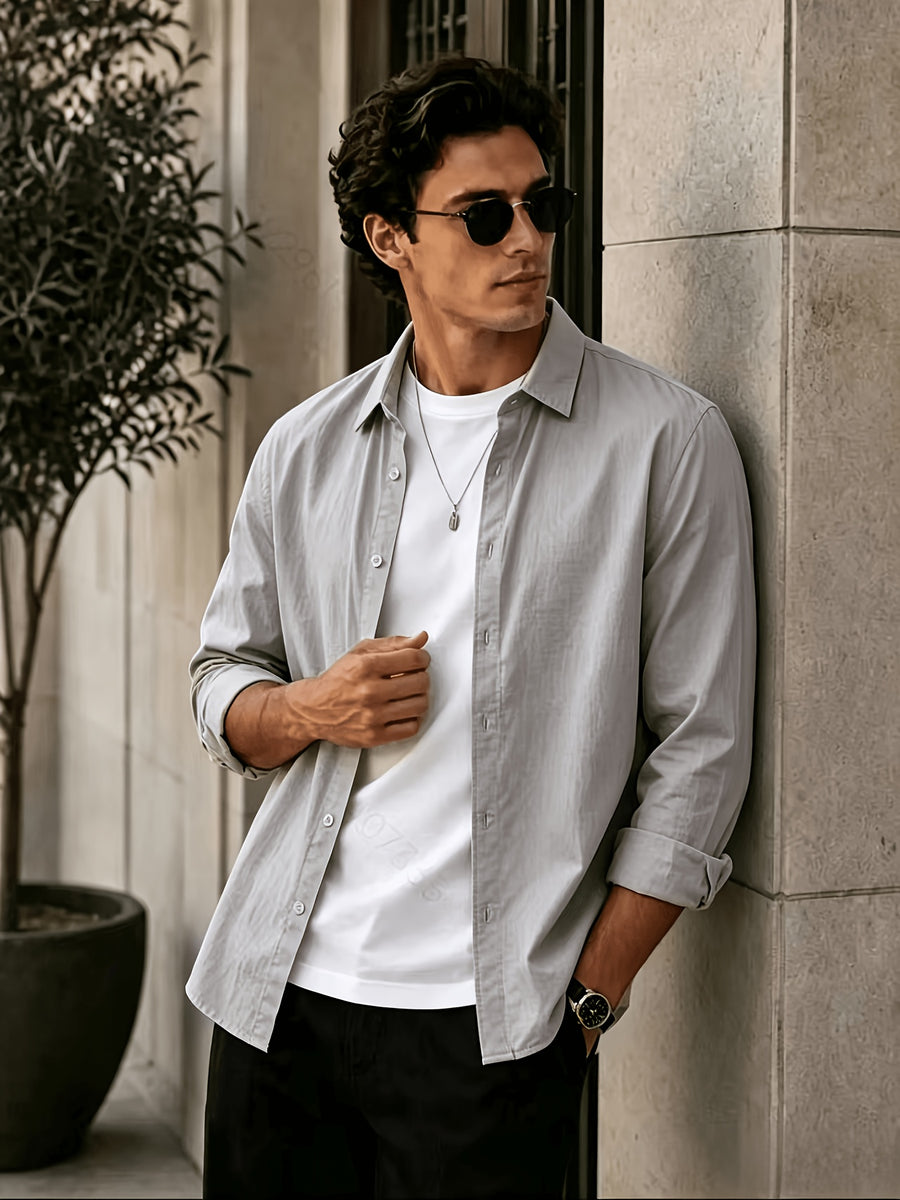 Men'S Long Sleeve Casual Shirt for Summer, Lightweight, Breathable And Comfortable. Slim-Fit And Versatile with Relaxed Cut, Ideal for Daily Commuting And Travel Outfits. (Shirt solely) - Grey