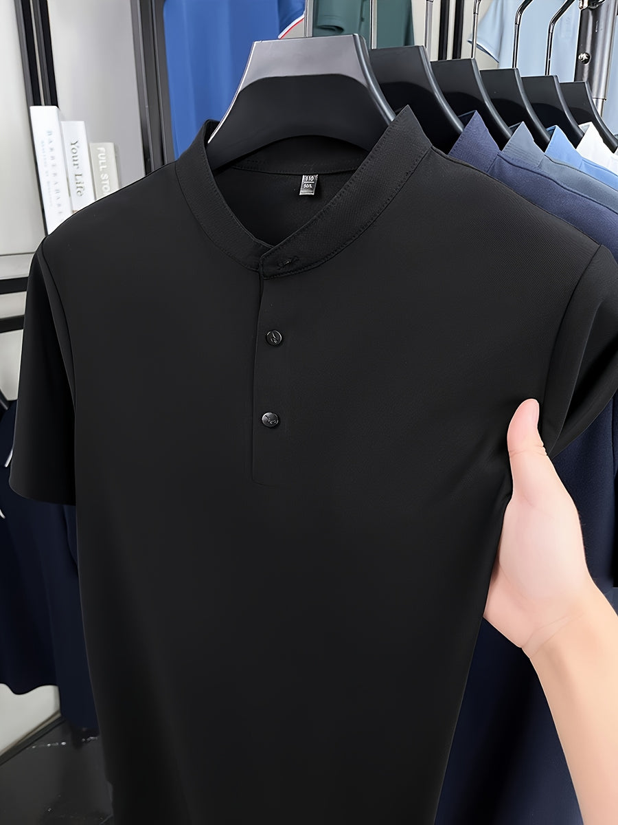 Men's Summer Mid-Life Seamless Stand Collar Short Sleeve T-Shirt, Solid Color Polyamide-Spandex Breathable Half-Sleeve Tee - Black