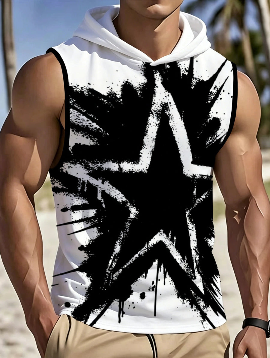 Fashion Hooded Sleeveless Top with Trendy Black and White Splatter Print, Comfortable and Breathable, Suitable for Daily Casual, Sports and Versatile Matching - Mixed colors