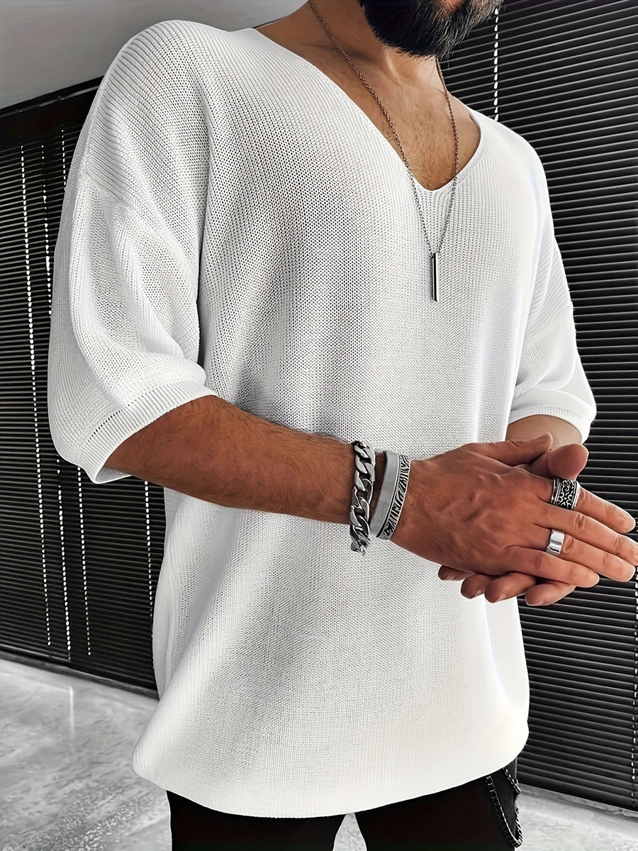 Men'S Loose-Fitting Short-Sleeve Pullover with a V-Neck And Dropped Shoulders, Knit - White
