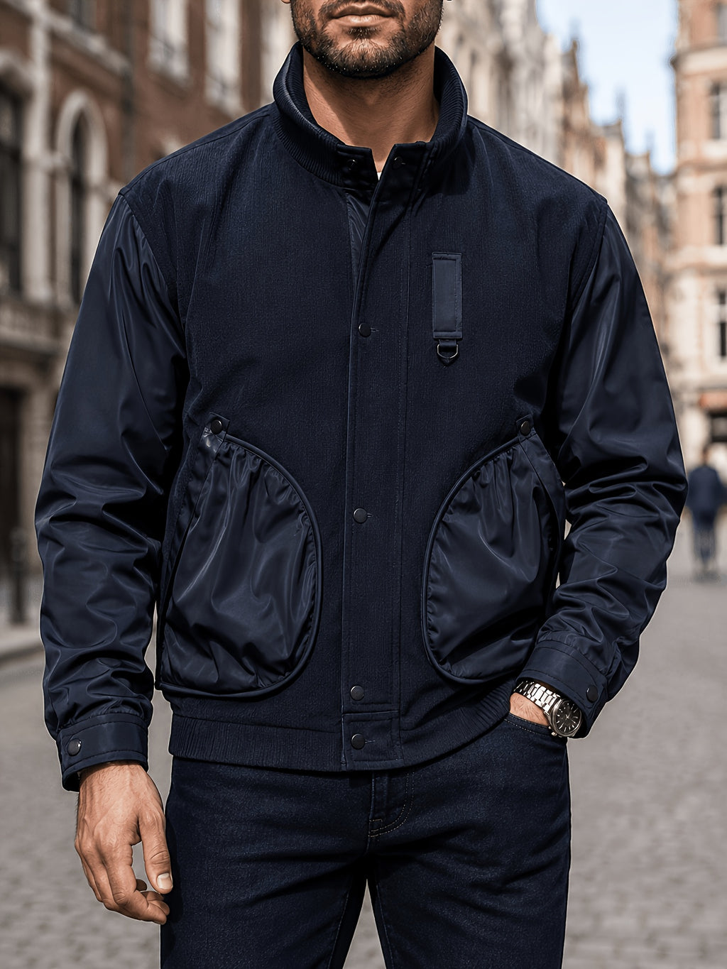 New Men'S Retro Cargo Jacket Patchwork Stand Collar Coat Commuter All-Match Casual Top Autumn Winter - Navy Color
