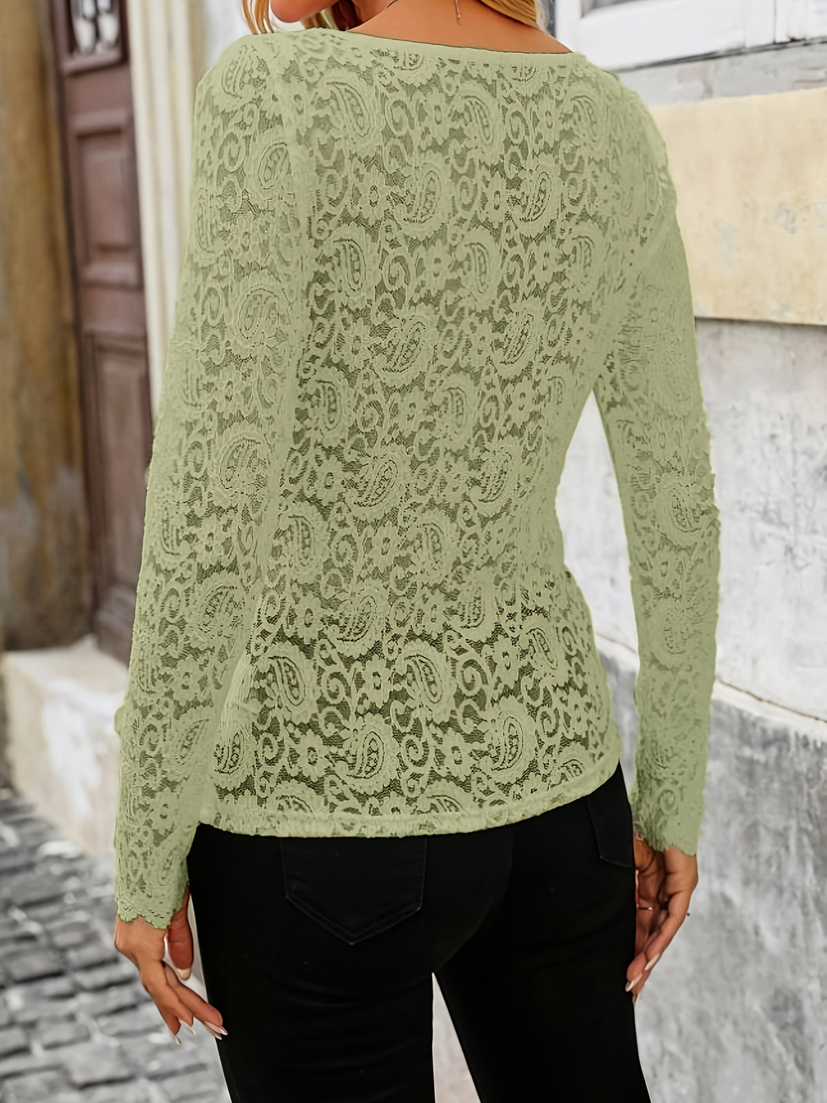 Elegant Lace Trim Long Sleeve T-Shirt - Matcha Color