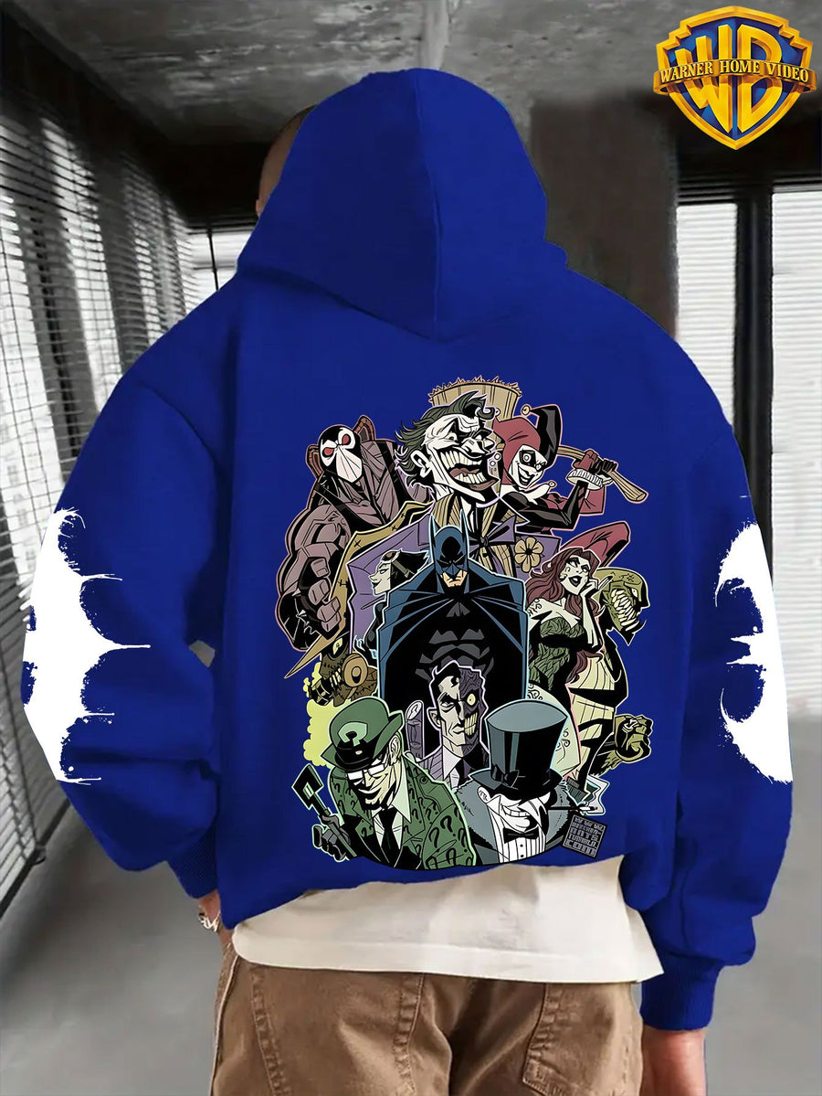 Warner Men's New Trendy Hoodie, Warner's Batman IP Co Branded Batman Villain Collection Printed Hoodie, Casual Daily Drawstring Hoodie, Long Sleeved Pullover, Machine Washable, Versatile Sports Casual Loose Men's Casual Hoodie, Front Kanga - Blue