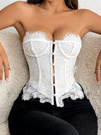 A Popular Export Item for Fashion Enthusiasts: Pure Sensuality Lace Trim, Curvy Design, -inspired Low-cut Neckline with Buttons, and a Slip Dress. - Milky