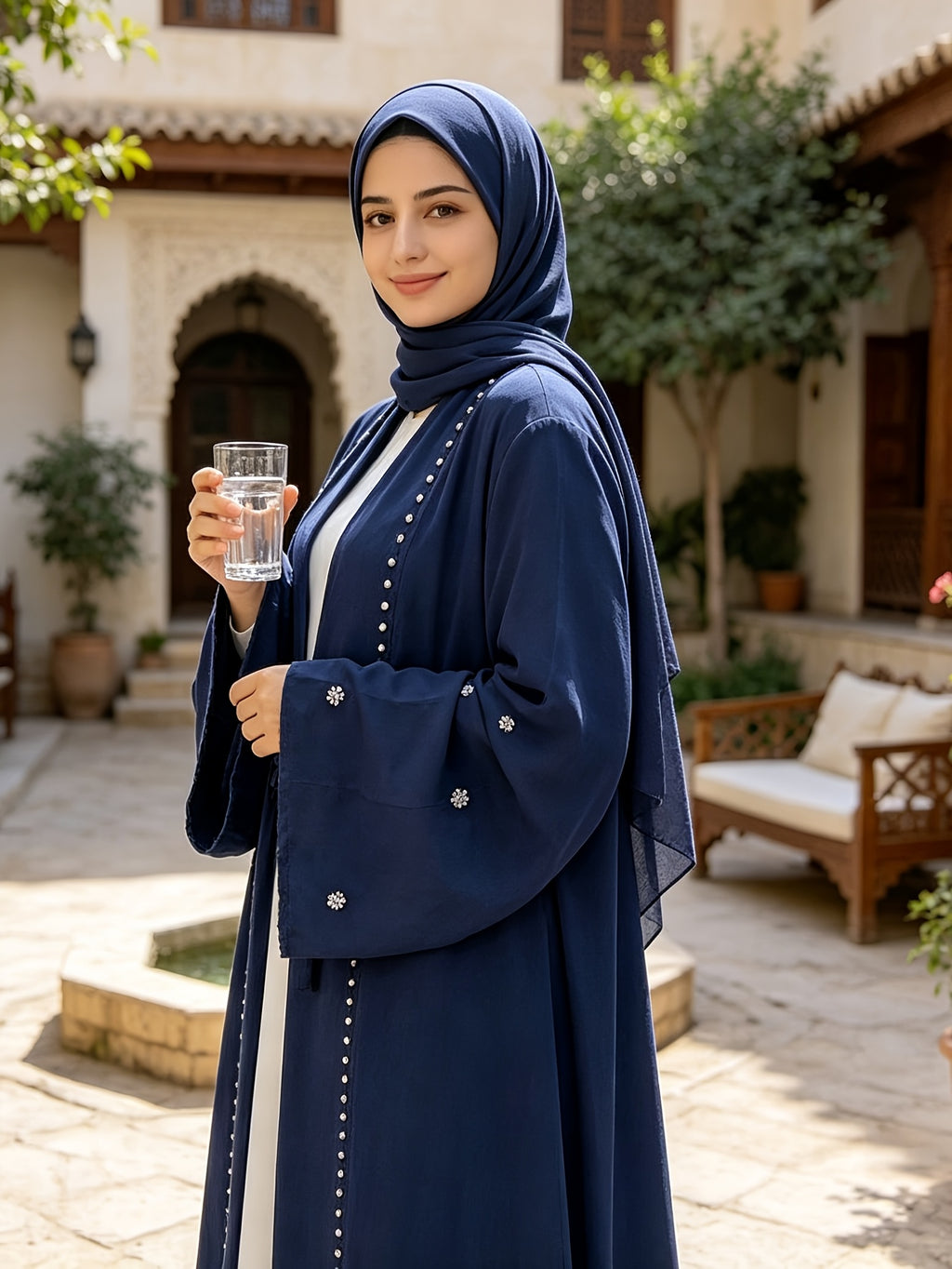 1pc Fashionable, Elegant And Casual, This Pearl-Studded Solid-Colored Abaya Cardigan Is Perfect for Everyday Wear. It Is Loose And Comfortable for Women. Muslim Women Clothes Abayas for Women Muslim Long Frocks for Women Jebba Tunisienne Femme - Navy Color
