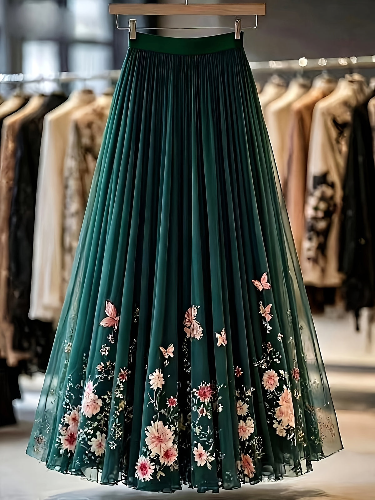 Printed Women's Maxi Skirt with Layered Chiffon Hem, Long A-line Skirt Suitable for Parties, Daily Wear, and All Seasons - Dark Green