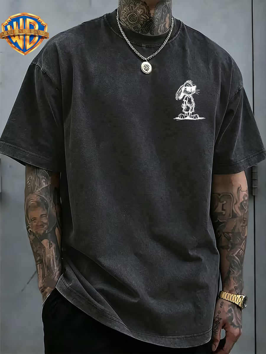 Sunglasses Pocket Rabbit Roadrunner Front And Back Print Washable T-Shirt, American Retro Distressed Style Loose Short Sleeve, Unisex Machine Washable T-Shirt, Suitable for Daily Wear, Commuting And Outdoor Outfits - Black