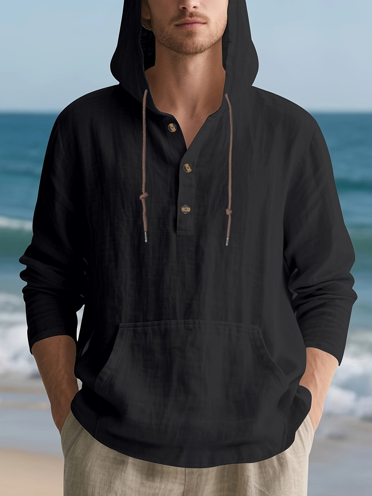 Men's Casual Linen Hoodie, Long Sleeve Henley Button Pullover. Crafted from Soft, Lightweight and Breathable Fabric, It Features a Relaxed Fit and Front Kangaroo Pocket. Ideal for Beach Vacations, Outdoor Activities, Travel and Daily Casual Wear. - Black
