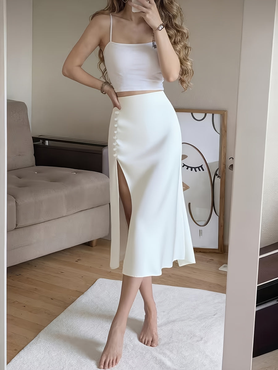 Spring/Summer New Satin Chiffon Multi-Button Women's Skirt - White