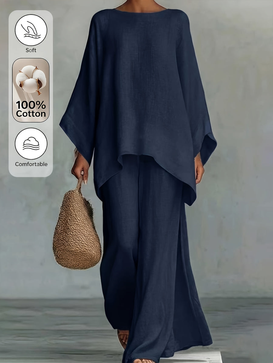Casual Relaxed 100% Loose Coverage Two-Piece Set Lazy Solid Off-Shoulder Sleeve High-Waist Wide-Leg Pants Women'S Outfit - Deep Blue