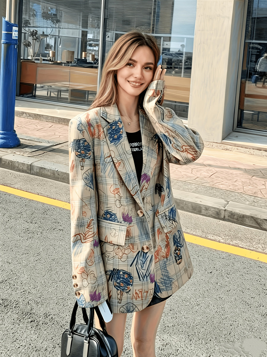 Design-Oriented Graffiti Print Statement Blazer Women'S Unique Special Trendy All-Match Suit Top - Multicolor