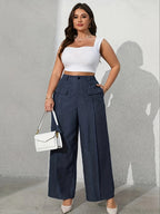 Women's Solid Color Fashion Commuter Wide-Leg Pants with Pockets - Deep Blue
