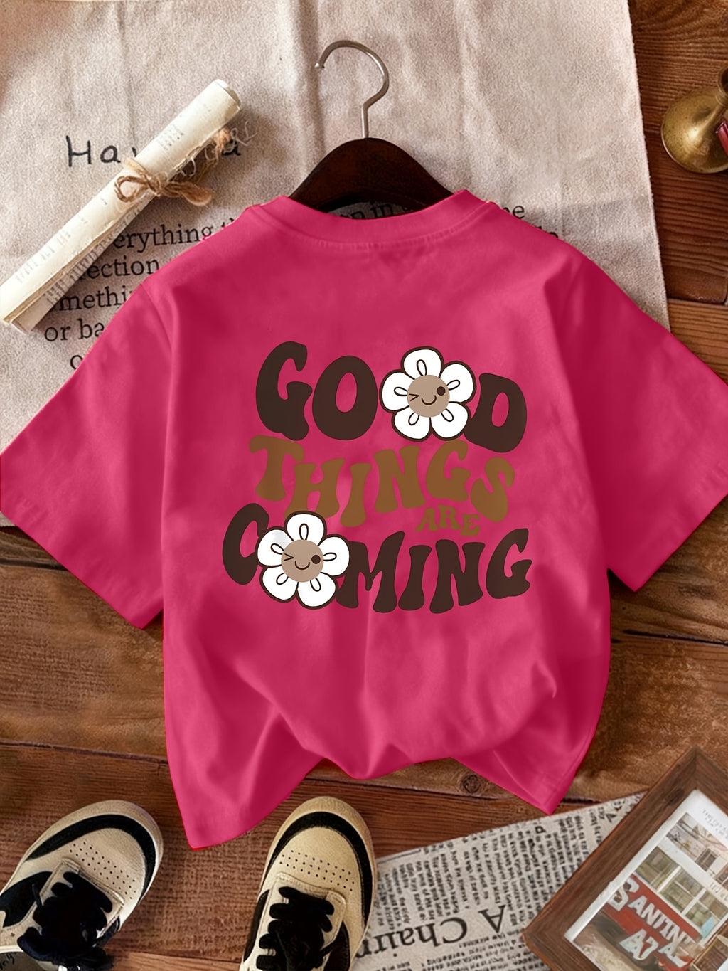 2026 Fashion New Women'S Round Neck English Letter Floral Print Fashion Short Sleeve Summer Casual T-Shirt - Rose Red